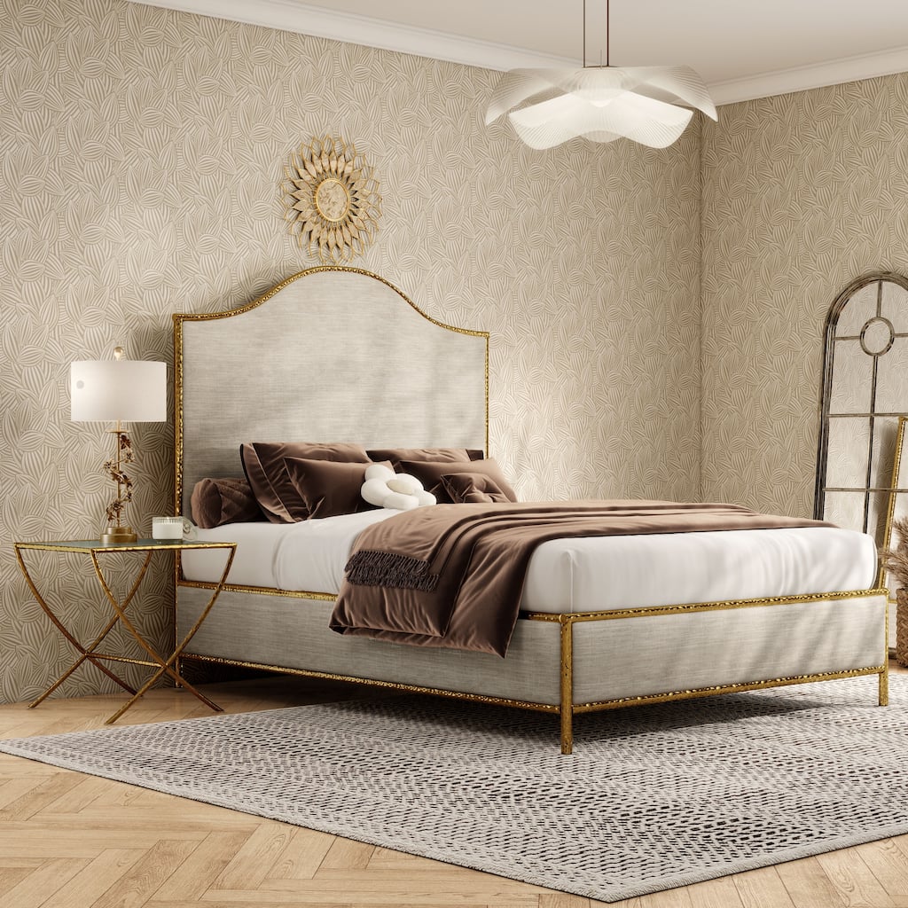 Furniture of America Zayen Modern 2-Piece Upholstered Queen Size Hammered Metal Camelback Bedroom Set with Nightstand