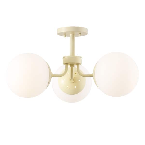slide 2 of 11, JONATHAN Y Ojai 23.5" 3-Light Bohemian Farmhouse Iron/Frosted Glass LED Semi Flush Mount, Brass Gold/White Beige