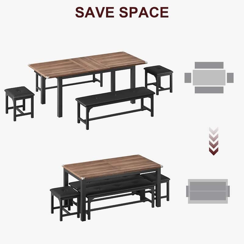 43.7in-63in Extendable Dining Table Set with 2 Benches and 2 Stools