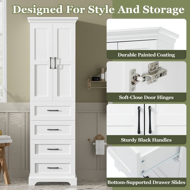 71" tall Freestanding Bathroom Cabinet with 2 Damping-Hinge Doors, 3 Drawers, Adjustable Shelves