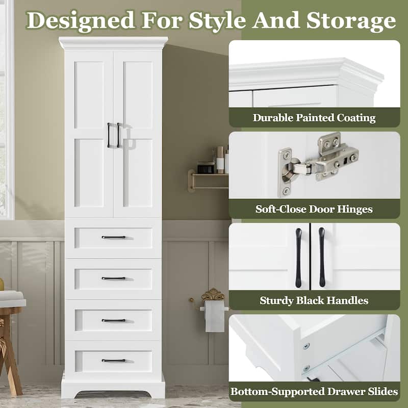 GDFStudio - Nazir 71.6"H Traditional Freestanding Bathroom Storage Cabinet with Adjustable Shelves, Soft-Close Doors & 3 Drawers