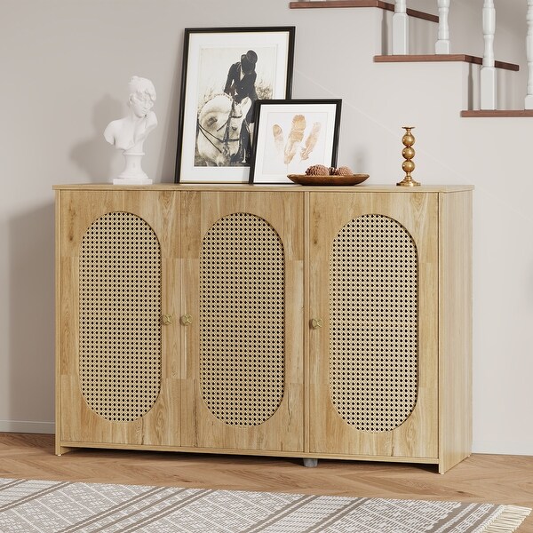 Artificial Rattan Door Storage Cabinet TV Console Table, Natural