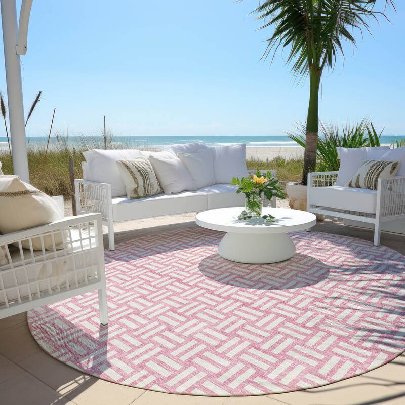 Machine Washable Indoor/ Outdoor Chantille Contempory Crosshatch Rug - Pink - 8' x 8'