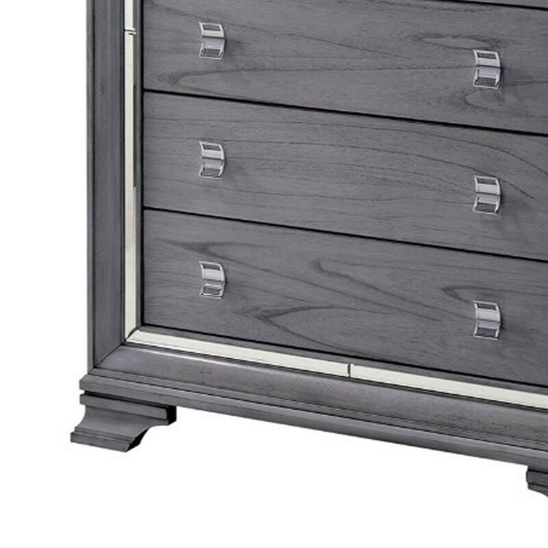 Five Drawer Solid Wood Chest with Mirror Trim Front Outline, Gray