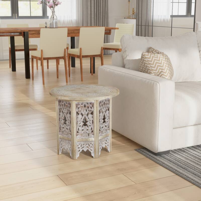 Accent Side Table, 24 Inch Round Top, Mango Wood Floral Cut Out Carved Motifs, Washed White - Natural Brown, Washed White