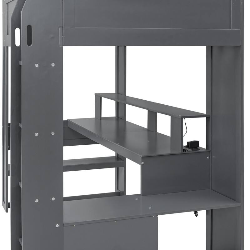 Wood Twin Size Gaming Loft Bed with Desk, Multi-storage Shelves, LED and Charging Station, Dark Gray
