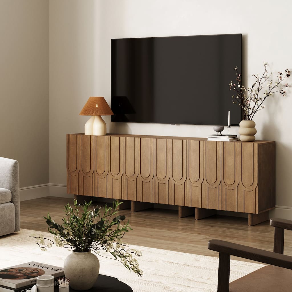 Kelly Mid Century Style Credenza or Vintage Buffet Cabinet with Geometric Carved Doors