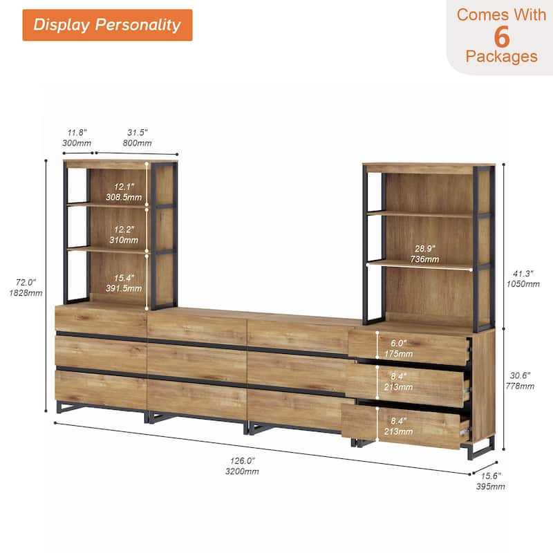 WAMPAT Modern TV Stand with 3 Tiers Bookshelf, Farmhouse Entertainment Center with 12 Drawers and Adjustable Shelf
