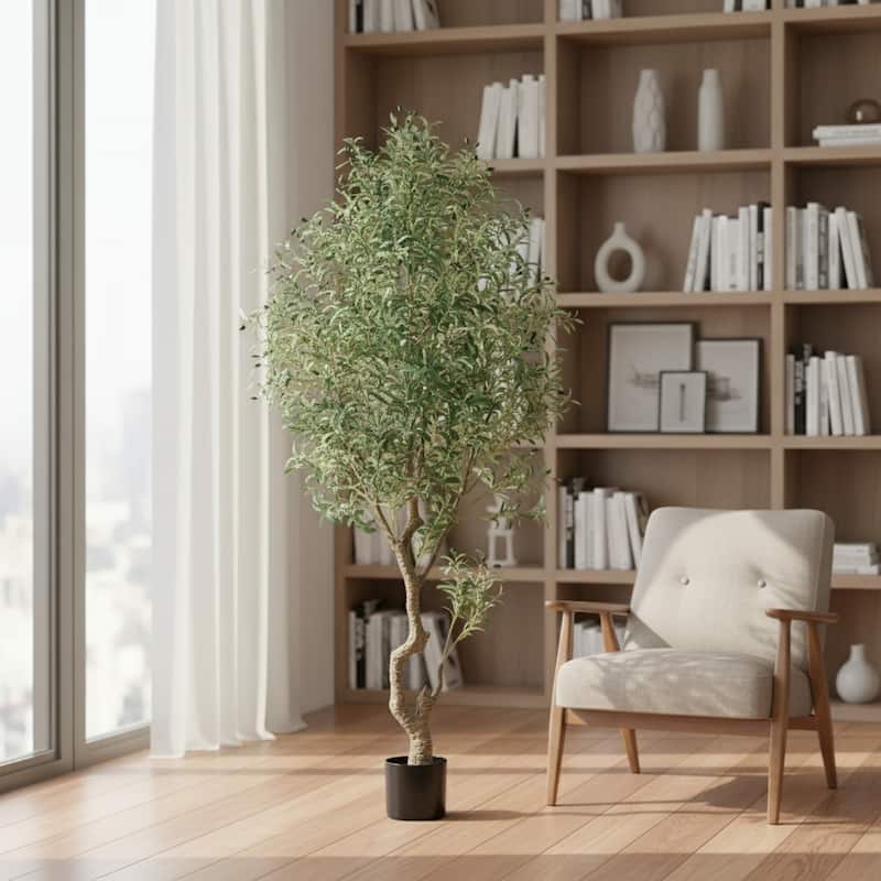 HomeRoots 87" Green Artificial Olive Tree In Cylindrical Black Cement Pot - 8.27 in. x 86.61 in. x 8.27 in.