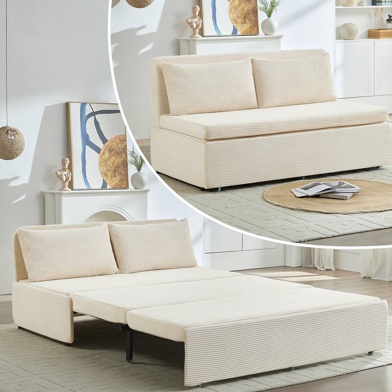 Mixoy Corduroy Fabric Queen Size/Twin Size Sofa Bed, 2-in-1 Modern Pull Out Sleeper Sofa Bed - BEIGE - Queen