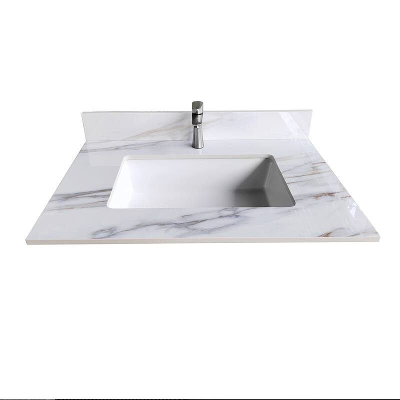 31 Inch Marble Vanity Top, Bathroom Vanity Top with Undermount Rectangular Middle Sink and 4" Height Backsplash