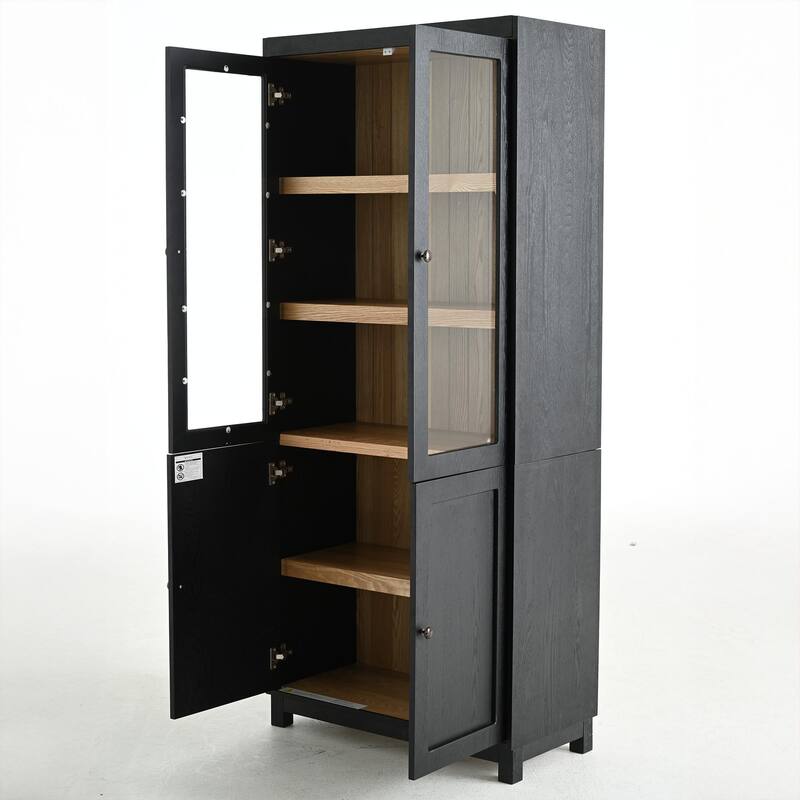 Roomfitters 74.5'' Ash Wood Display Cabinet with Glass Doors, Mid-Century Modern Bookcase Curio Cabinet with Storage, Black