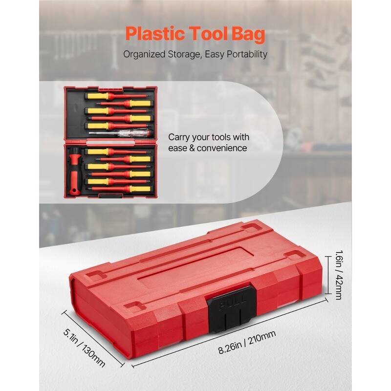 13 Piece Plastic Insulated Screwdriver Tool Set Ideal for Electricians or Industrial Technicians - 8.26" x 5.1" x 1.6"