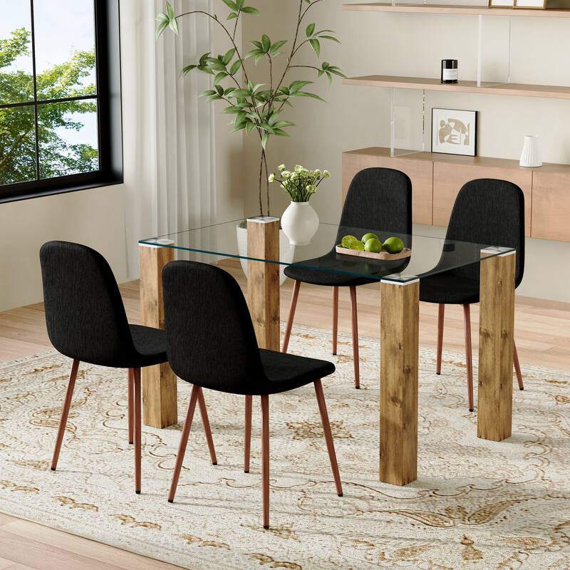 Roomfitters 5pcs Glass Dining Table Set with Natural MDF Legs and Linen High Resilience Chairs, Black