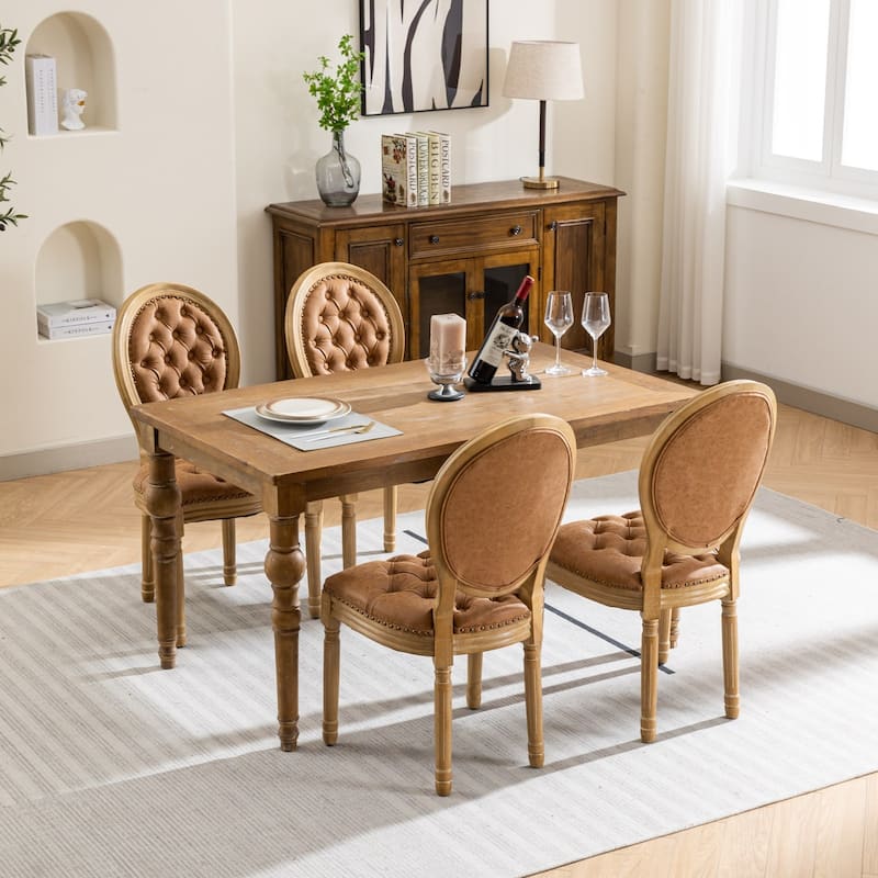 French Dining Chair Set of 2 Leather Upholstered Dining Chair Solid Wood Frame Oval Backrest Side Chair Without Arms