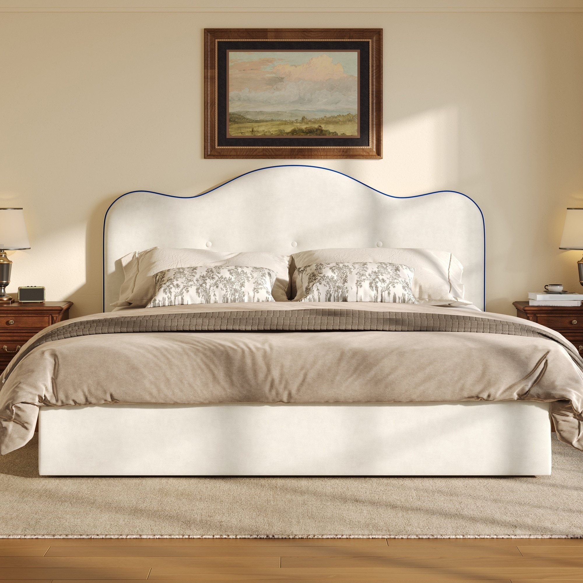 Elegant Platform Bed with Upholstered Headboard Stitching Details No Box Spring