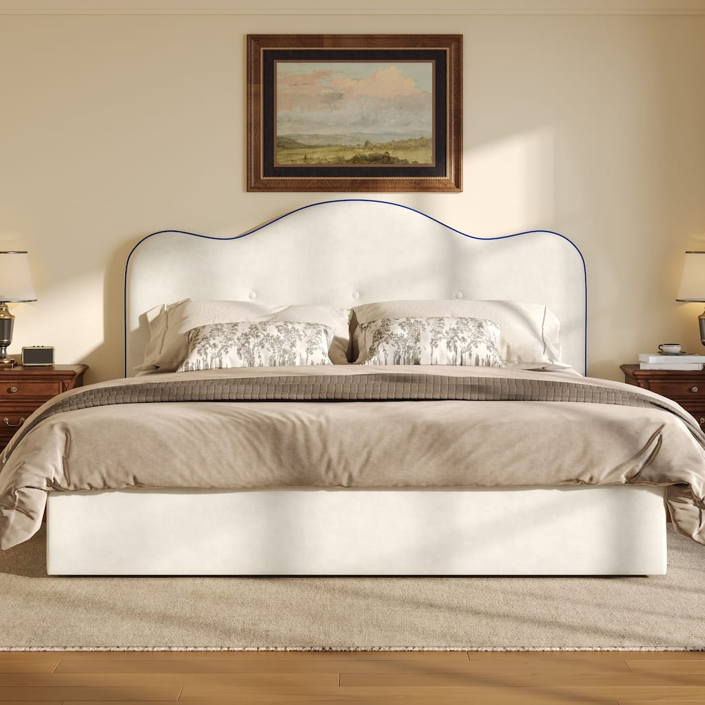 Roomfitters Queen Size Upholstered Platform Bed Frame with Double Layer Pillow Headboard for Master Bedroom