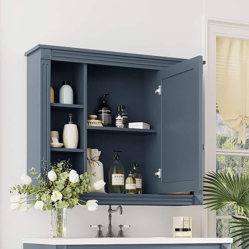 Functional Design Wall Mounted Bathroom Storage Cabinet with Mirror,6 Open Shelves,for Enhanced Organization - Blue