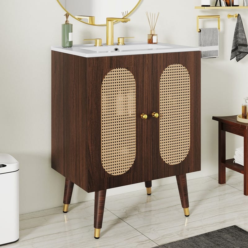 Moasis 24" Bathroom Vanity with Ceramic Sink, Rattan Double Door Cabinet and Drawer, Freestanding Solid Wood Legs - 24"W x 18.9"D x 34.6"H - Walnut