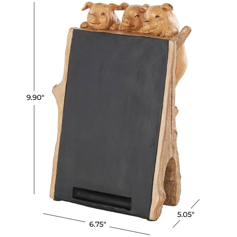 Black Polystone Chalkboard Pig Decorative Sign with Brown Tree Trunk Frame