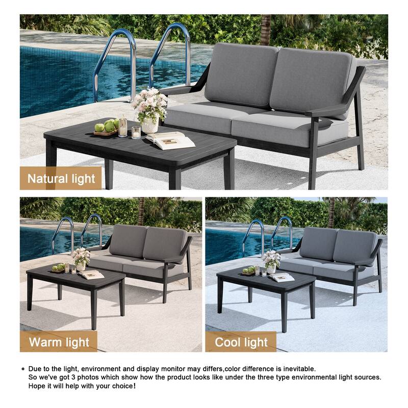 2-piece Brown/ Black Teak Cushioned Patio Loveseat Set with Coffee Table
