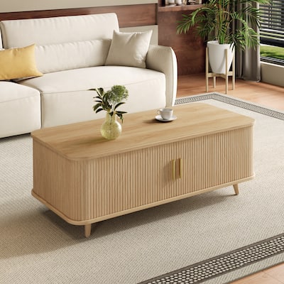 Aron Mid-Century Modern Coffee Table with Semi-Open Tambour Doors and 4 Hidden Storage Compartments, 47.24"