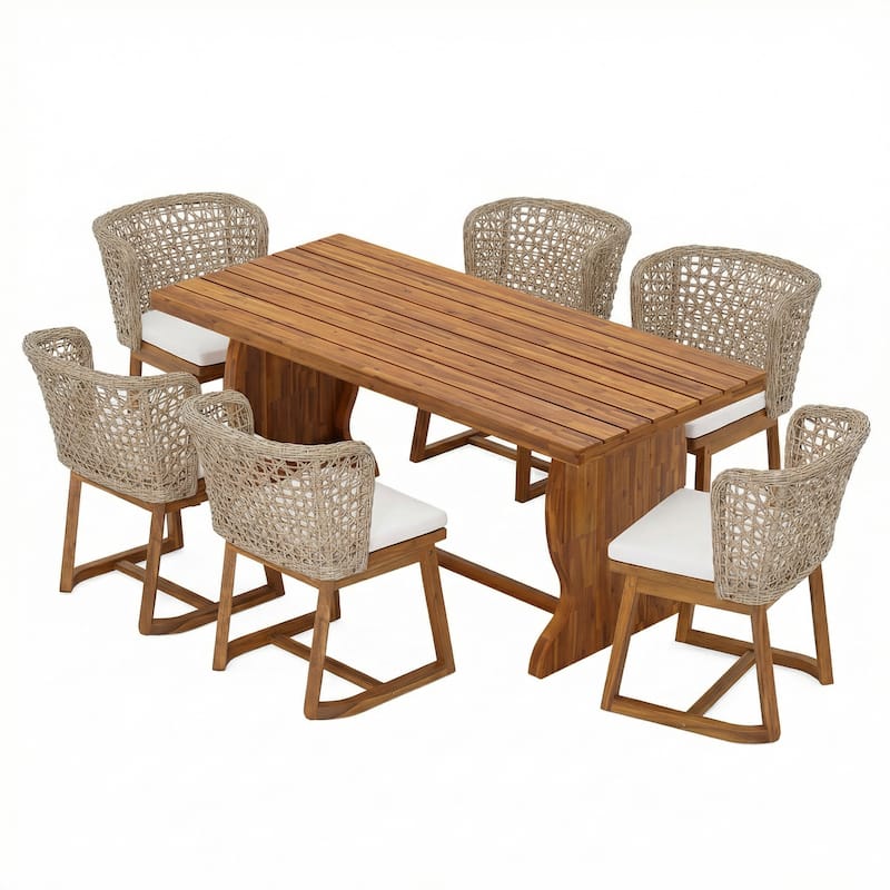 Christopher Knight Home - 7-Piece Outdoor Acacia Wood Dining Set with Woven Wicker Back Chairs & 70" Solid Wood Dining Table