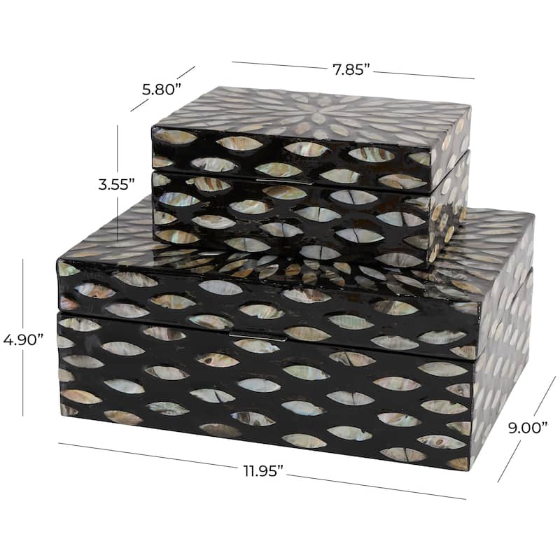 Black Mother of Pearl Shell Geometric Floral Box with Beige Accents (Set of 2)
