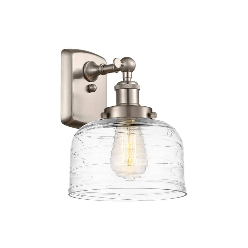Innovations Lighting 916-1W-13-8 Bell Sconce Bell 13" Tall Wall Sconce - Brushed Satin Nickel / Clear Deco Swirl