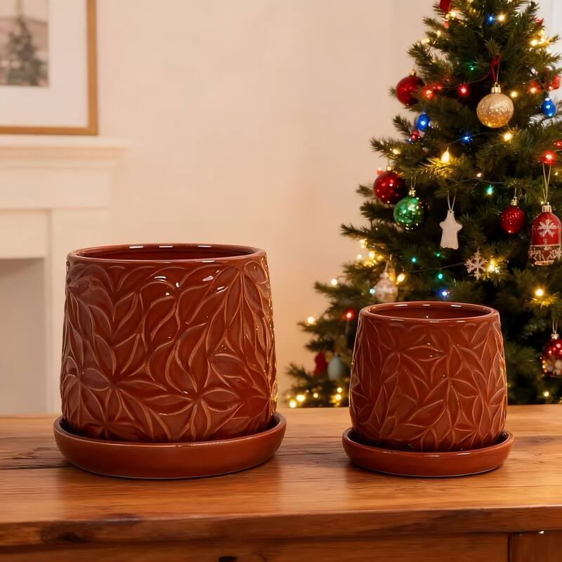 Set of 2 Handmade Modern Embossed Leaf Ceramic Planters with Saucers