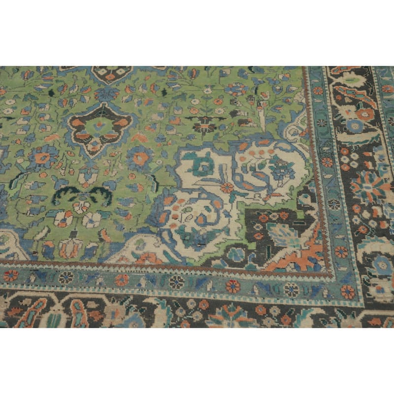 Hand Knotted Oriental 100% Wool Carpet Traditional Floral Green Tabriz Area Rug - 9' 2'' X 6' 7''