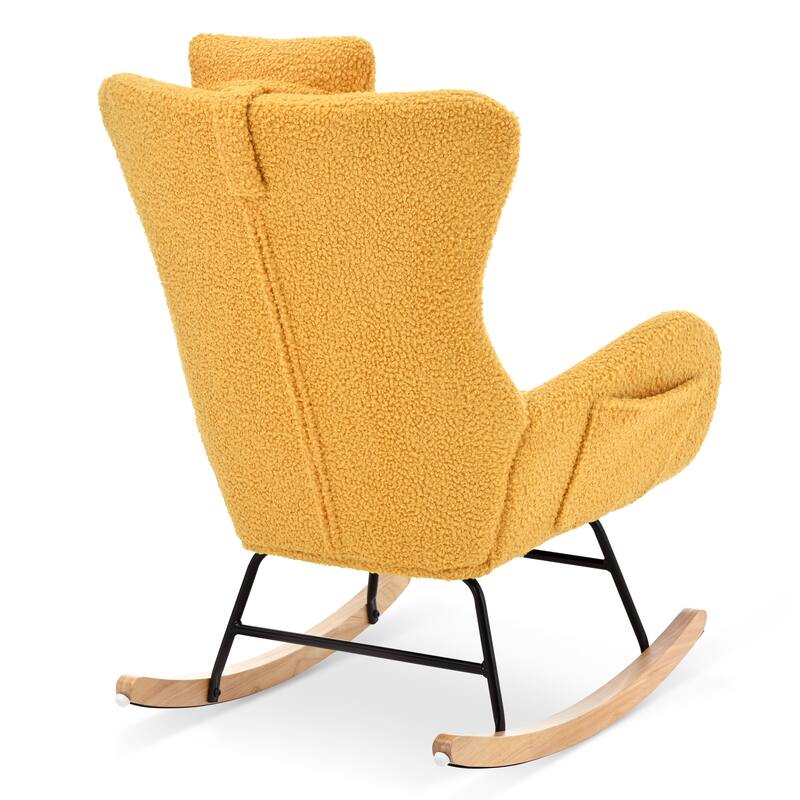 Polyester Glider Chair with Adjustable Headrest and Storage Pocket, Rubber Wood Base