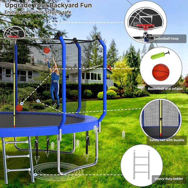 Upgraded 8FT/10FT/12FT/14FT Trampoline, Outdoor Trampoline with Basketball Hoop