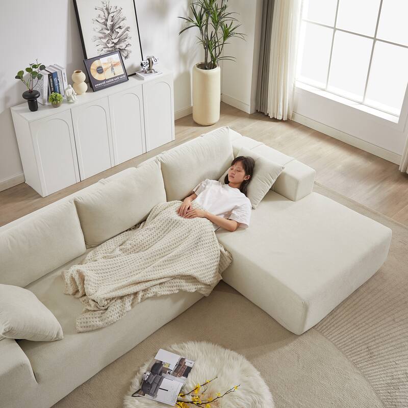 Chenille Upholstered Sectional Daybed Modular Sleeper Couch L Shape Sofa with Chaise Lounge & 6 Pillows for Living Room Loveseat
