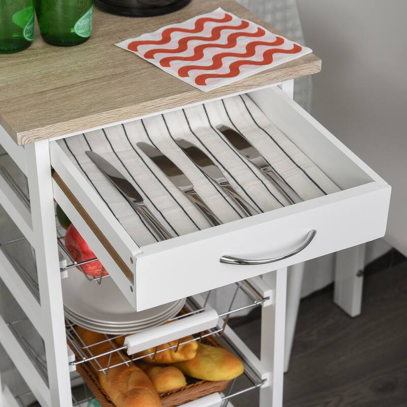 HOMCOM 32.25" Wooden Rolling Kitchen Storage Cart on 360-deg Swivel Wheels with Ample Storage Space & Solid Structure
