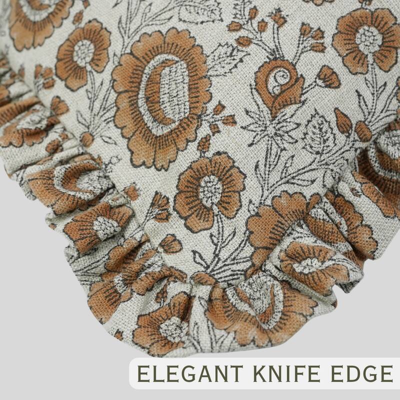 Fabdivine Heavy Linen Floral Ruffled Both Side Cushion Cover Home Décor Accent