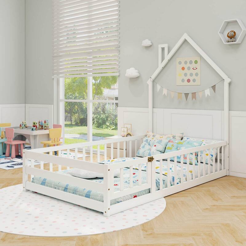 Costway Twin Size Montessori Floor Bed for Toddler with Lockable Door
