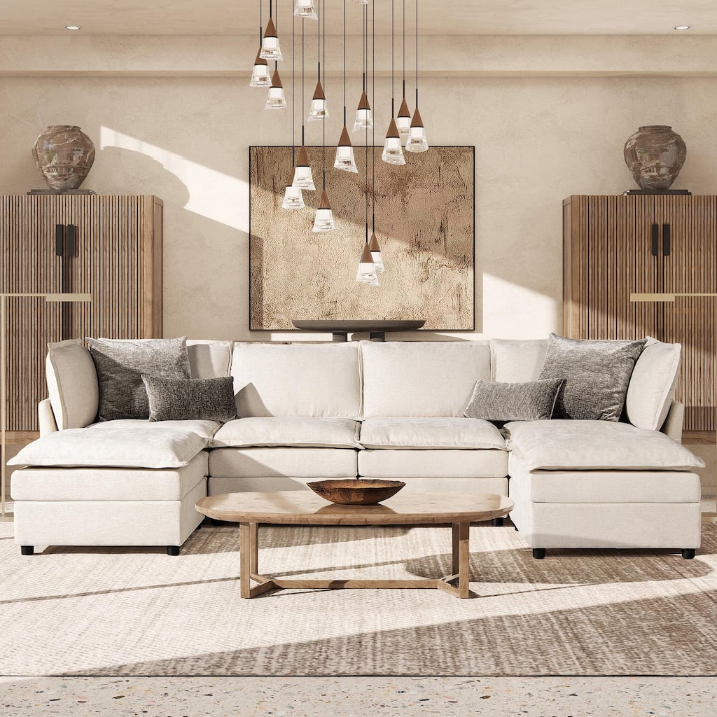 Sadie 124" Modular U-Shaped Sectional Sofa-in-a-Box with Storage, Sandstone Light Beige Chenille