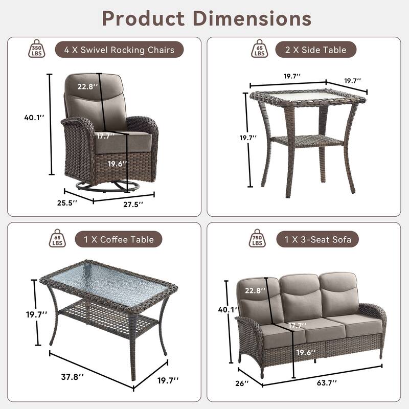 Pocassy 8-Piece Outdoor Patio Sofa Swivel Chair with Table