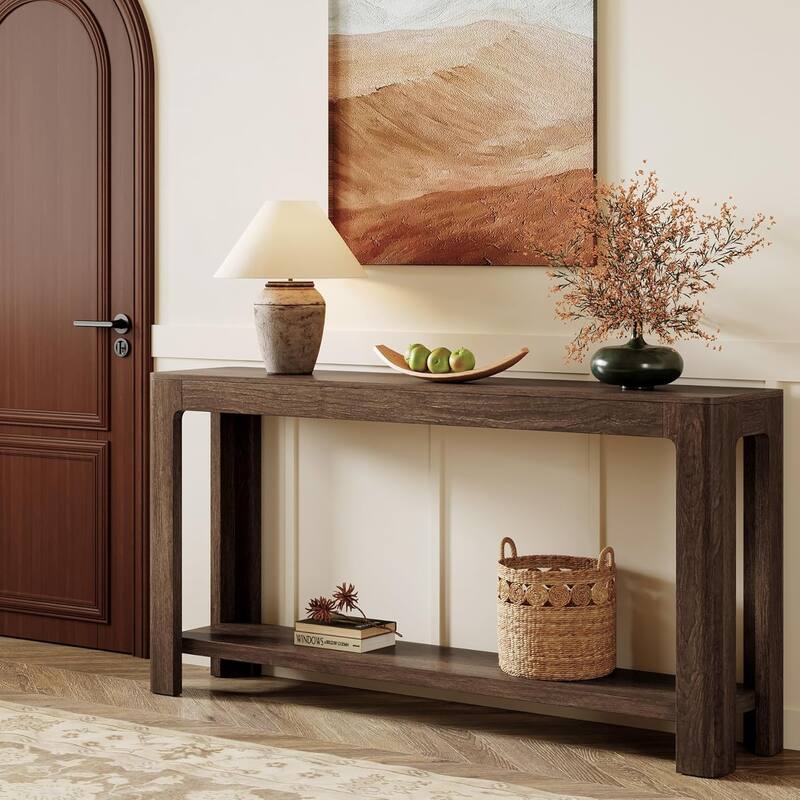 63 Inches Brown Engineered Wood Console Table, 2-Tier Behind Couch Sofa Table for Living Room - 62.99" L x 13.77" W x 31.49" H