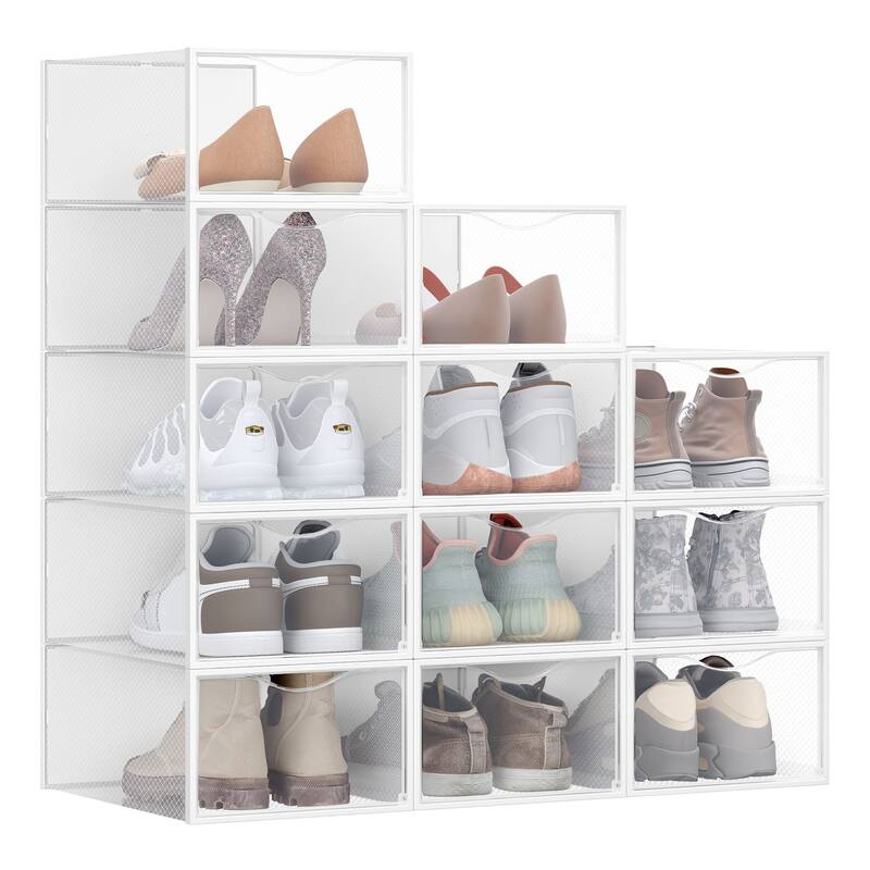 12 Pack Stackable Clear Plastic Shoe Storage Boxes with Doors Closet Shoe Organizer Containers - 9.1”L x 13.1”W x 5.6”H