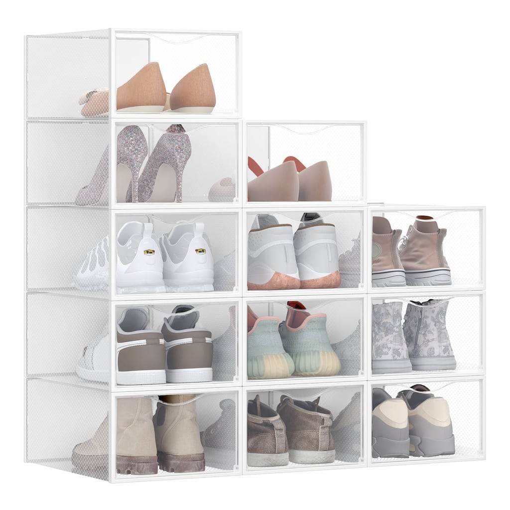 12 Pack Stackable Clear Plastic Shoe Storage Boxes with Doors Closet Shoe Organizer Containers - 9.1”L x 13.1”W x 5.6”H