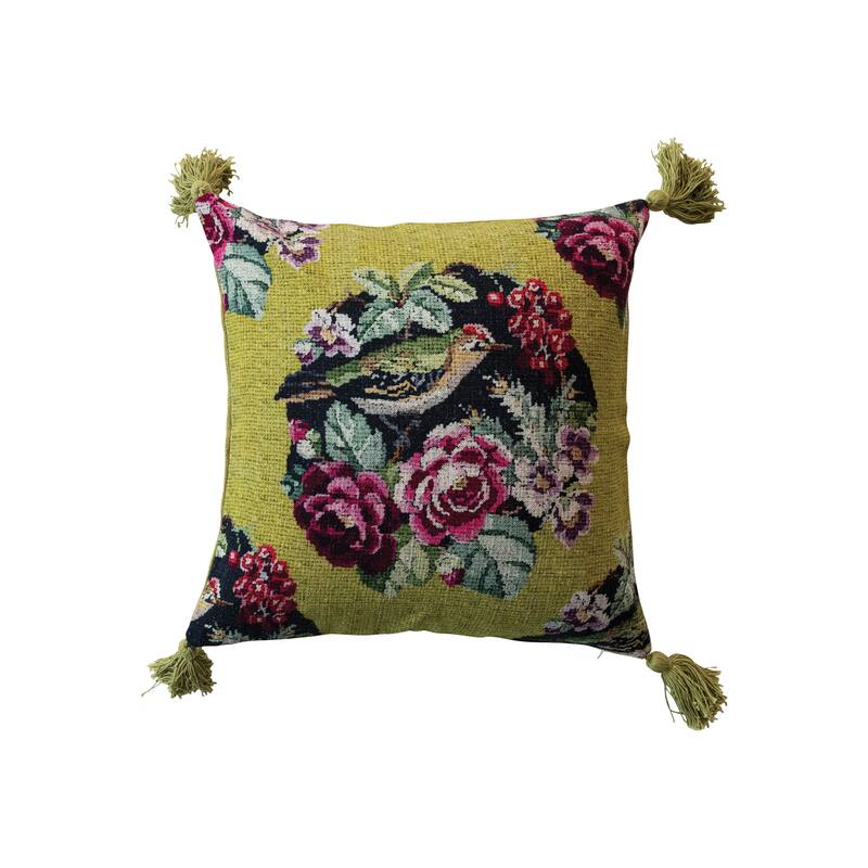 Linen Blend Pillow with Bird, Flowers and Tassels - Multi