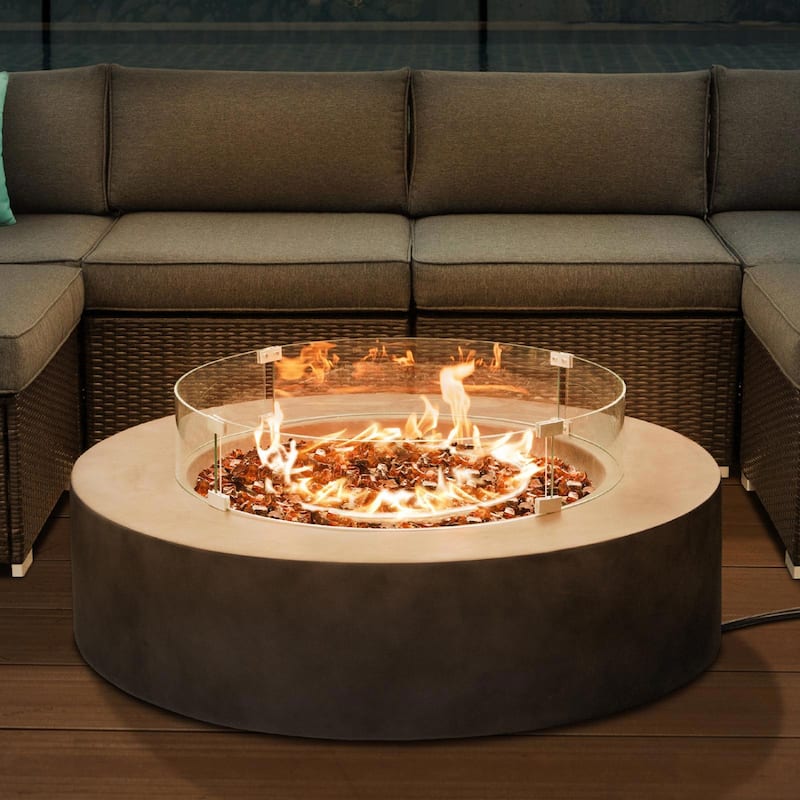 COSIEST 42'' Outdoor Round Propane Fire Pit w Wind Guard and Fire Glass - Dark Brown+Blue Fire Glass