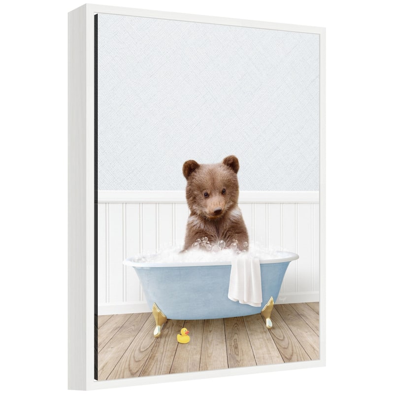 Kate and Laurel Sylvie Bear Cub in Cottage Blue Bathtub Framed Canvas by Amy Peterson - White