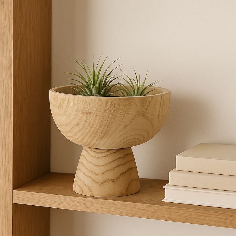 Decorative Round Wooded Pedestal Bowl - Home Decor - 8", Natural Brown