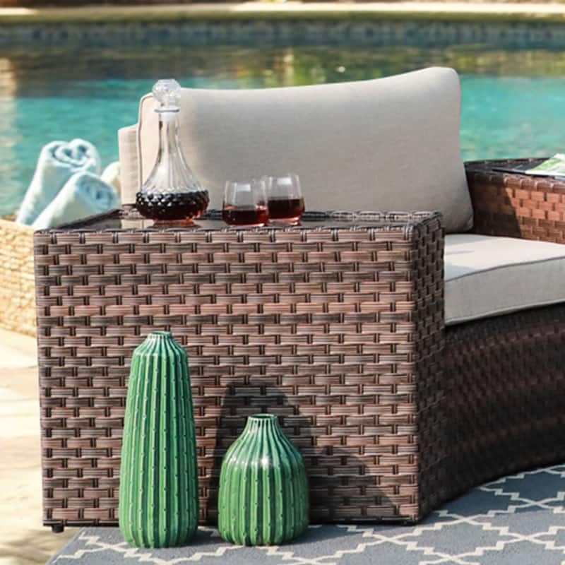 2-piece Outdoor Wicker Arm Table Patio Side Table - With Glass