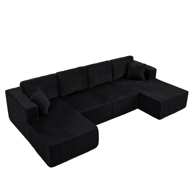 U-Shaped Modular Sectional Sofa with Dual Chaise Lounges, Oversized Corduroy Boneless Couch, Compressed Sofa with Pillows