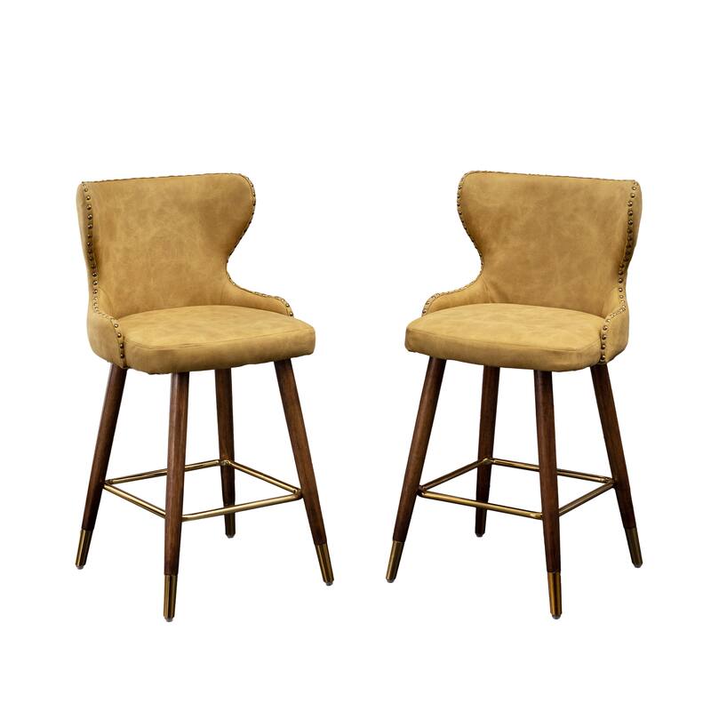 Mid-century Faux Leather Bar Stool Set of 2, Tufted Backrest Nailhead Trim Bar Height Chair w/Footrest for Kitchen, Dining Room