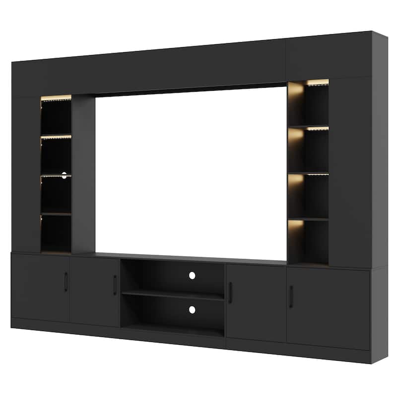 EROMMY 112" Wall Unit TV Stand with LED Lights, Bookshelves and Storage Cabinets for Living Room